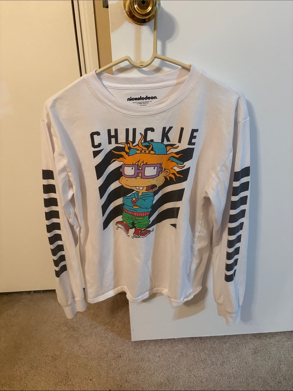 Nickelodeon White Chuckie Graphic Long-Sleeve Tee with Black Stripe Sleeves